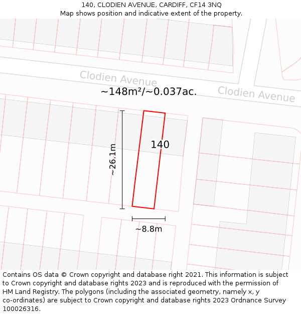 140, CLODIEN AVENUE, CARDIFF, CF14 3NQ: Plot and title map