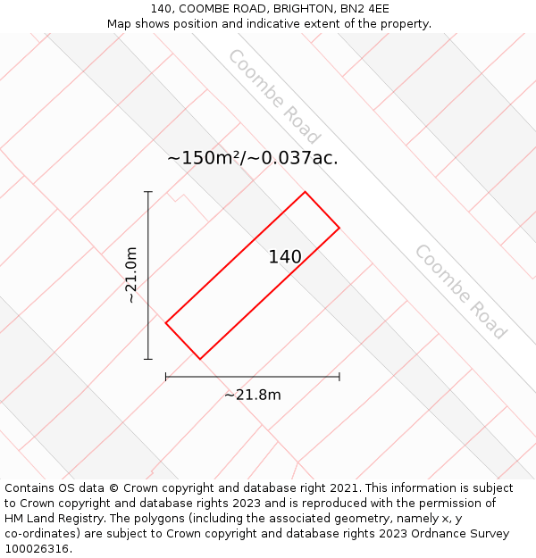 140, COOMBE ROAD, BRIGHTON, BN2 4EE: Plot and title map