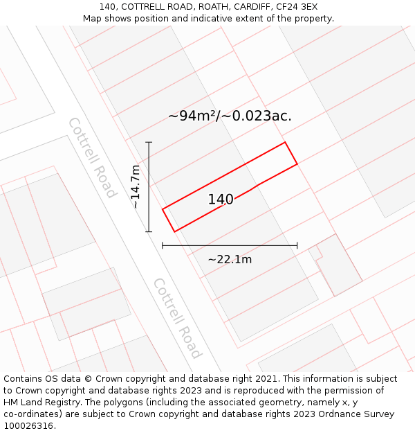 140, COTTRELL ROAD, ROATH, CARDIFF, CF24 3EX: Plot and title map