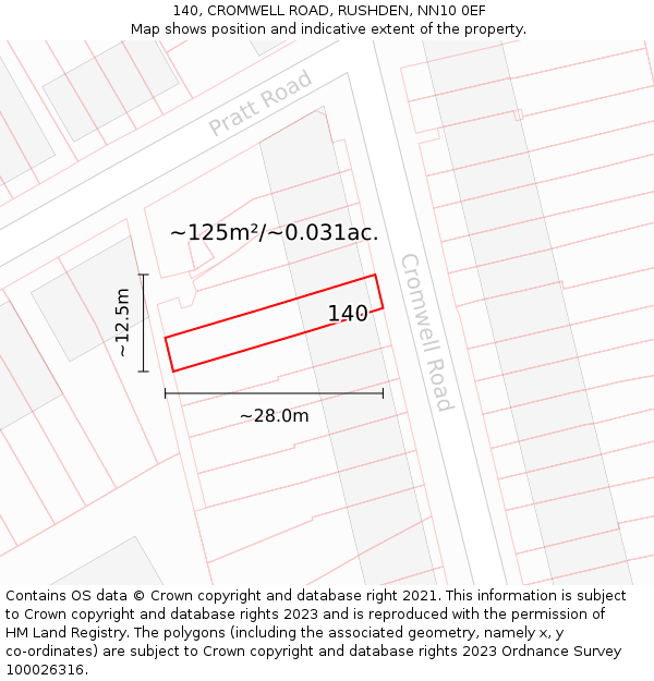 140, CROMWELL ROAD, RUSHDEN, NN10 0EF: Plot and title map