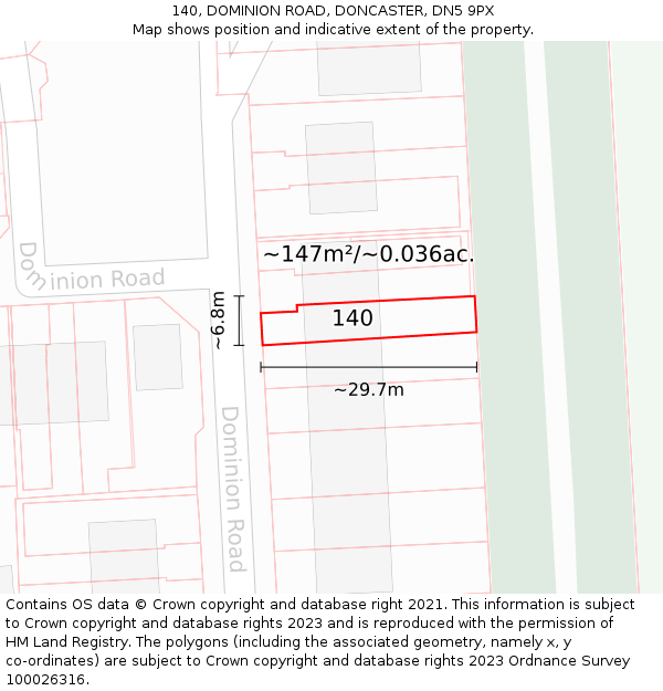 140, DOMINION ROAD, DONCASTER, DN5 9PX: Plot and title map