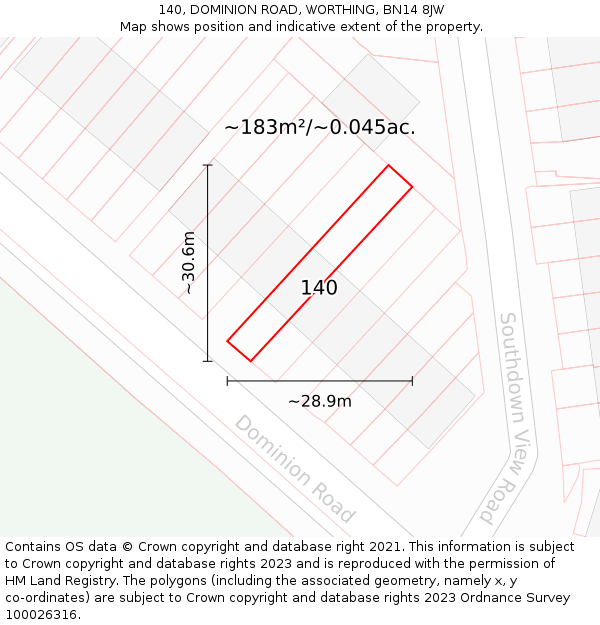 140, DOMINION ROAD, WORTHING, BN14 8JW: Plot and title map