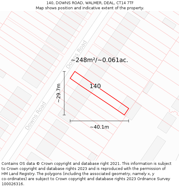 140, DOWNS ROAD, WALMER, DEAL, CT14 7TF: Plot and title map