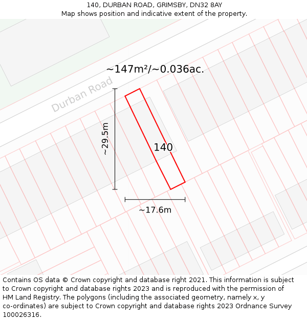 140, DURBAN ROAD, GRIMSBY, DN32 8AY: Plot and title map