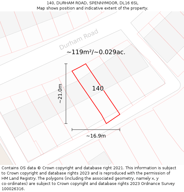 140, DURHAM ROAD, SPENNYMOOR, DL16 6SL: Plot and title map