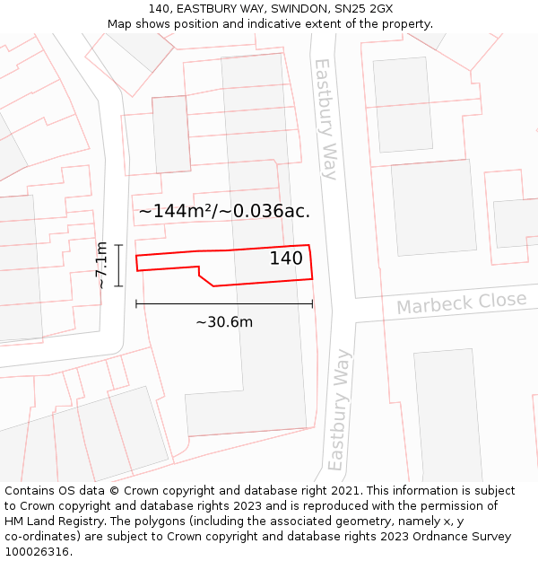 140, EASTBURY WAY, SWINDON, SN25 2GX: Plot and title map