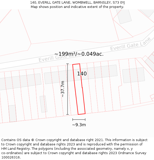 140, EVERILL GATE LANE, WOMBWELL, BARNSLEY, S73 0YJ: Plot and title map