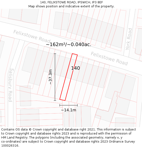 140, FELIXSTOWE ROAD, IPSWICH, IP3 8EF: Plot and title map