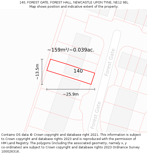 140, FOREST GATE, FOREST HALL, NEWCASTLE UPON TYNE, NE12 9EL: Plot and title map
