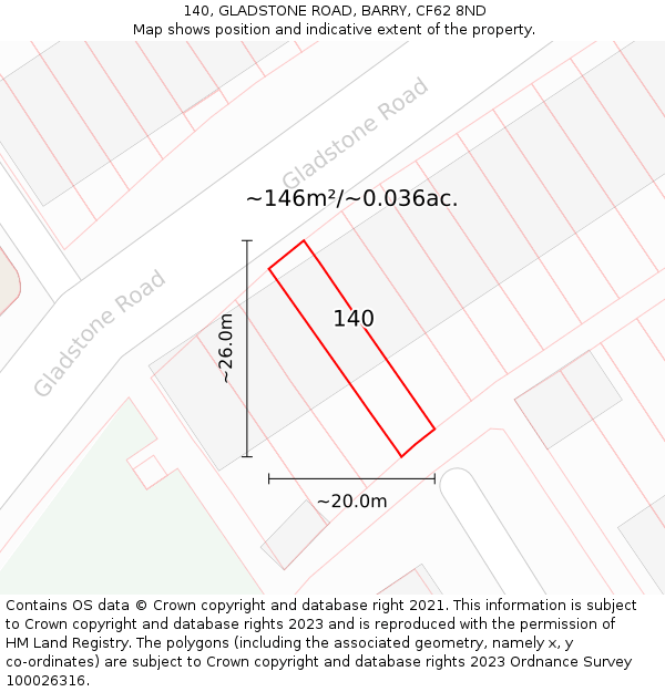 140, GLADSTONE ROAD, BARRY, CF62 8ND: Plot and title map