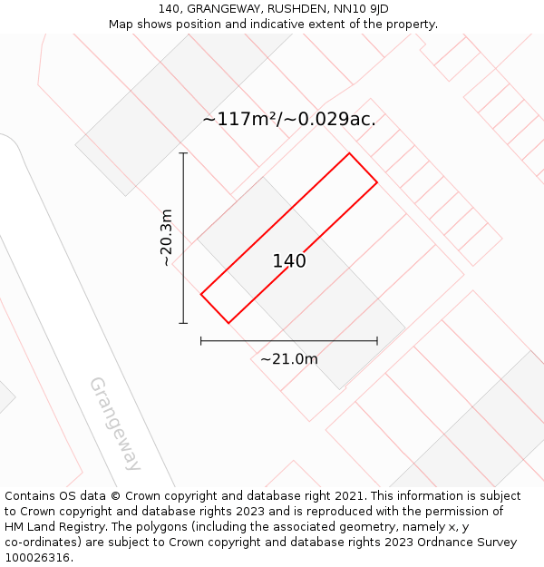 140, GRANGEWAY, RUSHDEN, NN10 9JD: Plot and title map