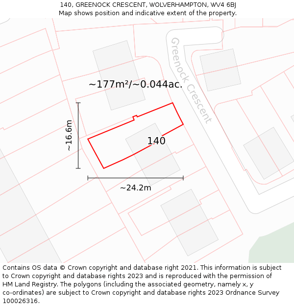 140, GREENOCK CRESCENT, WOLVERHAMPTON, WV4 6BJ: Plot and title map