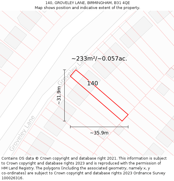 140, GROVELEY LANE, BIRMINGHAM, B31 4QE: Plot and title map
