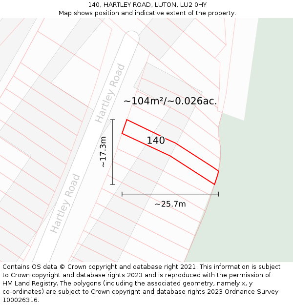 140, HARTLEY ROAD, LUTON, LU2 0HY: Plot and title map