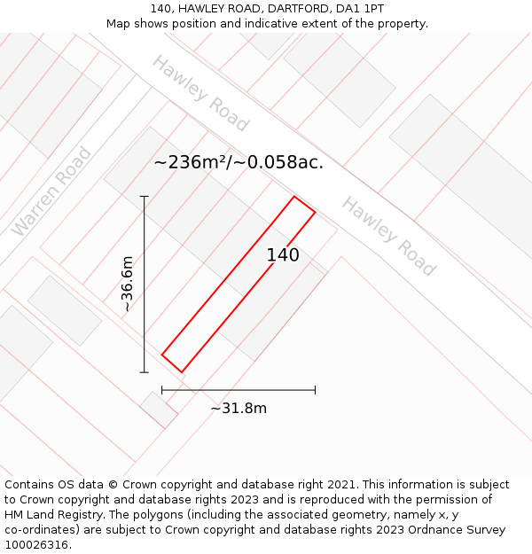 140, HAWLEY ROAD, DARTFORD, DA1 1PT: Plot and title map