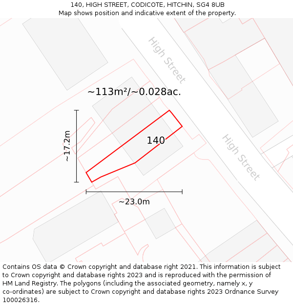 140, HIGH STREET, CODICOTE, HITCHIN, SG4 8UB: Plot and title map