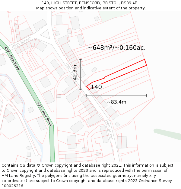 140, HIGH STREET, PENSFORD, BRISTOL, BS39 4BH: Plot and title map