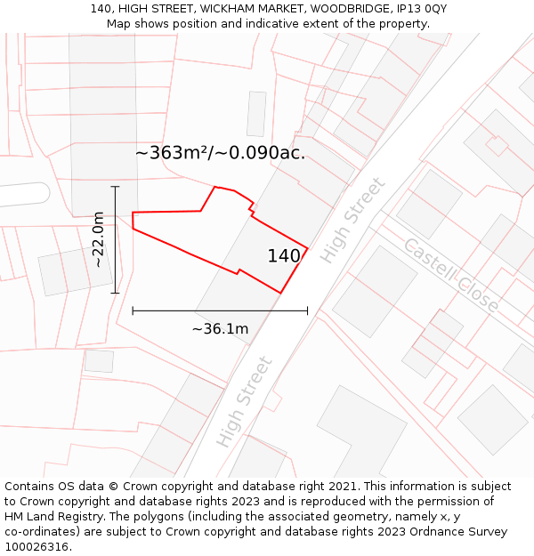 140, HIGH STREET, WICKHAM MARKET, WOODBRIDGE, IP13 0QY: Plot and title map