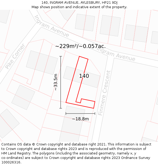 140, INGRAM AVENUE, AYLESBURY, HP21 9DJ: Plot and title map