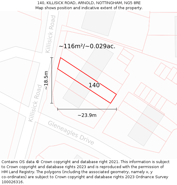 140, KILLISICK ROAD, ARNOLD, NOTTINGHAM, NG5 8RE: Plot and title map