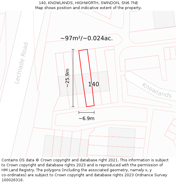 140, KNOWLANDS, HIGHWORTH, SWINDON, SN6 7NE: Plot and title map