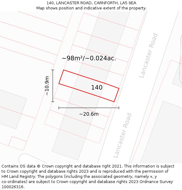 140, LANCASTER ROAD, CARNFORTH, LA5 9EA: Plot and title map