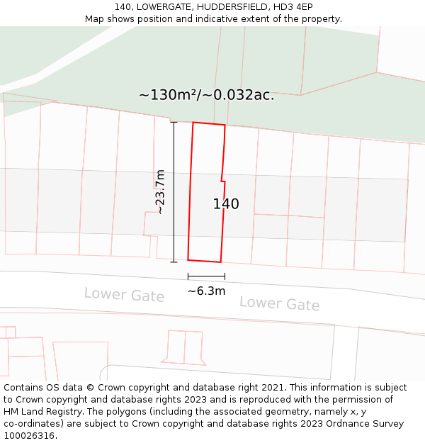 140, LOWERGATE, HUDDERSFIELD, HD3 4EP: Plot and title map