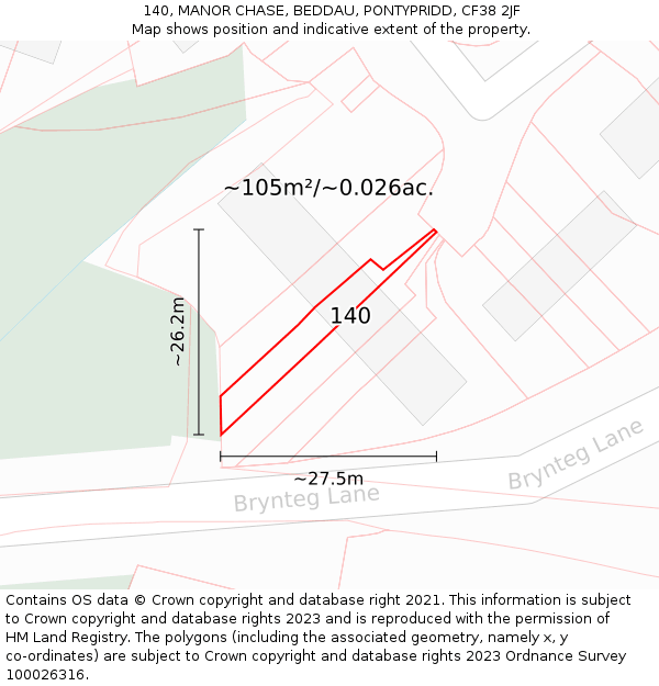 140, MANOR CHASE, BEDDAU, PONTYPRIDD, CF38 2JF: Plot and title map