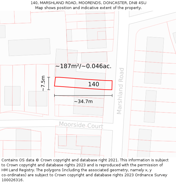 140, MARSHLAND ROAD, MOORENDS, DONCASTER, DN8 4SU: Plot and title map
