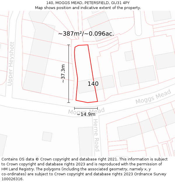 140, MOGGS MEAD, PETERSFIELD, GU31 4PY: Plot and title map