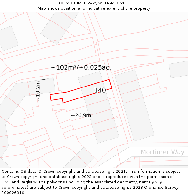 140, MORTIMER WAY, WITHAM, CM8 1UJ: Plot and title map