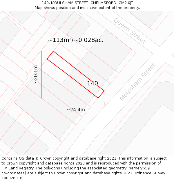 140, MOULSHAM STREET, CHELMSFORD, CM2 0JT: Plot and title map