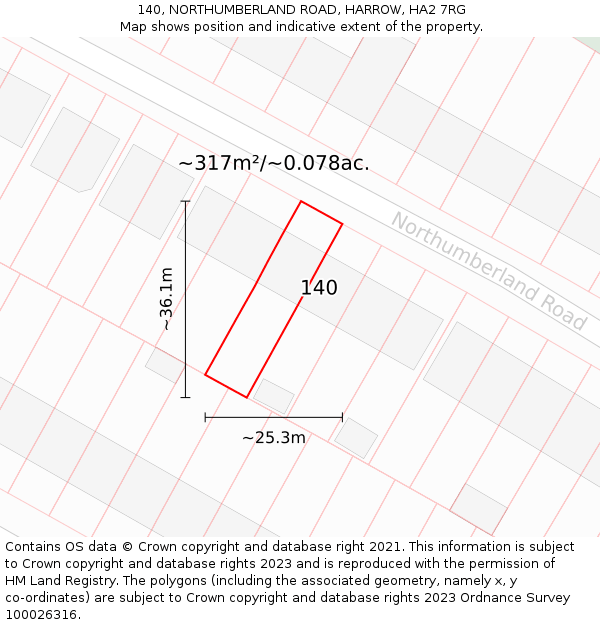 140, NORTHUMBERLAND ROAD, HARROW, HA2 7RG: Plot and title map
