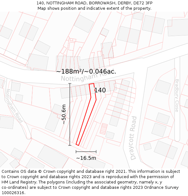 140, NOTTINGHAM ROAD, BORROWASH, DERBY, DE72 3FP: Plot and title map