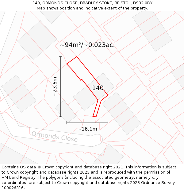 140, ORMONDS CLOSE, BRADLEY STOKE, BRISTOL, BS32 0DY: Plot and title map