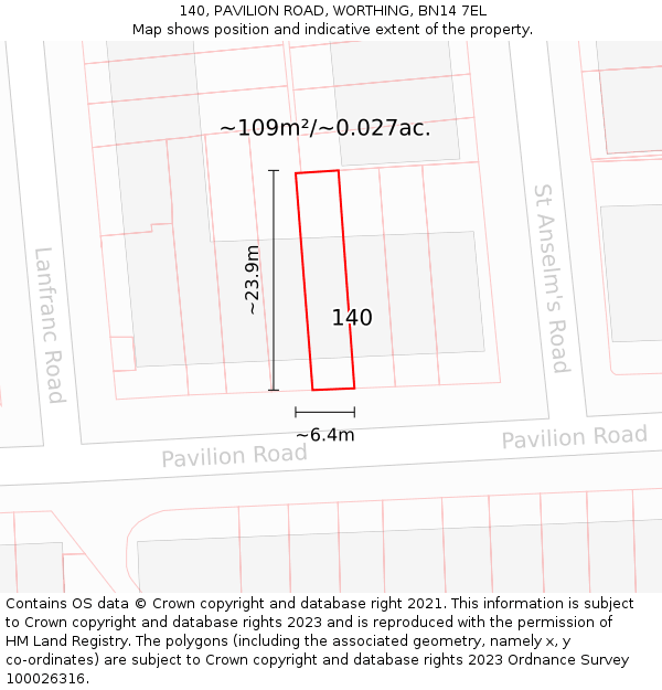 140, PAVILION ROAD, WORTHING, BN14 7EL: Plot and title map