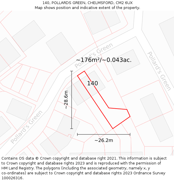 140, POLLARDS GREEN, CHELMSFORD, CM2 6UX: Plot and title map