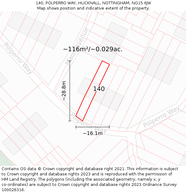 140, POLPERRO WAY, HUCKNALL, NOTTINGHAM, NG15 6JW: Plot and title map