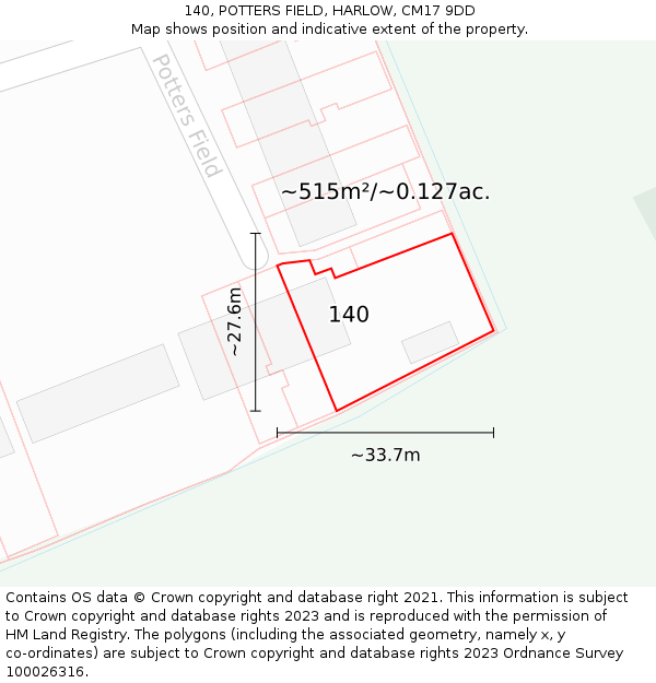 140, POTTERS FIELD, HARLOW, CM17 9DD: Plot and title map