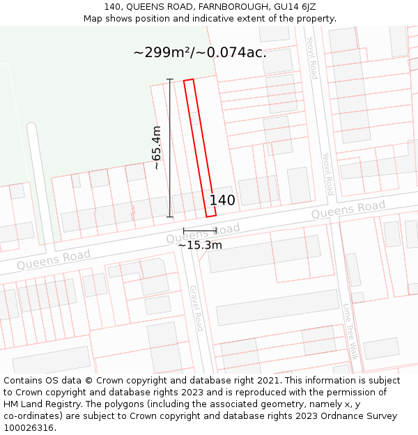 140, QUEENS ROAD, FARNBOROUGH, GU14 6JZ: Plot and title map