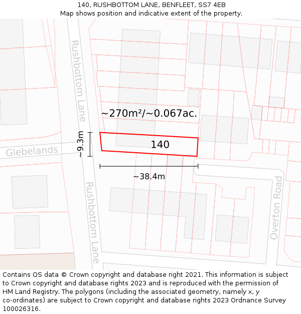 140, RUSHBOTTOM LANE, BENFLEET, SS7 4EB: Plot and title map