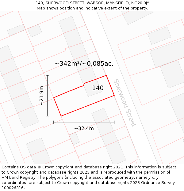 140, SHERWOOD STREET, WARSOP, MANSFIELD, NG20 0JY: Plot and title map