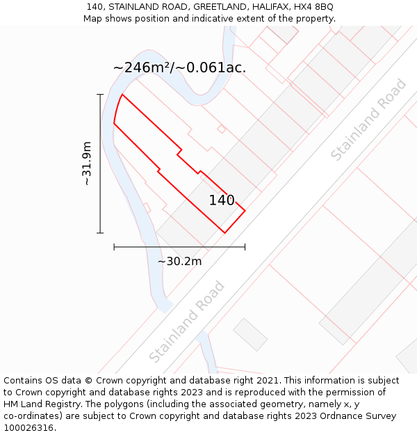 140, STAINLAND ROAD, GREETLAND, HALIFAX, HX4 8BQ: Plot and title map