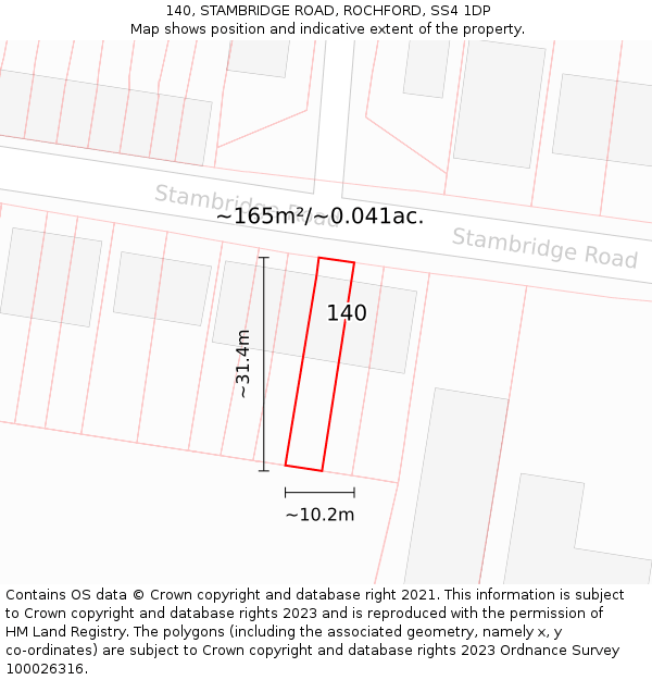 140, STAMBRIDGE ROAD, ROCHFORD, SS4 1DP: Plot and title map