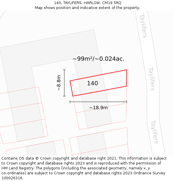 140, TAYLIFERS, HARLOW, CM19 5RQ: Plot and title map