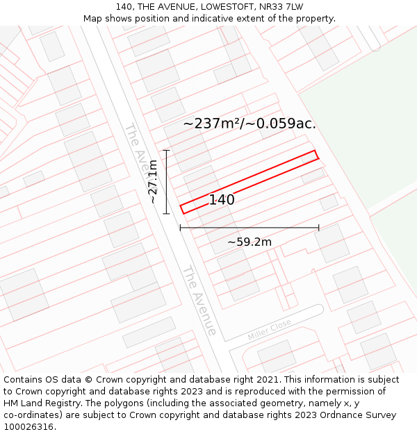 140, THE AVENUE, LOWESTOFT, NR33 7LW: Plot and title map