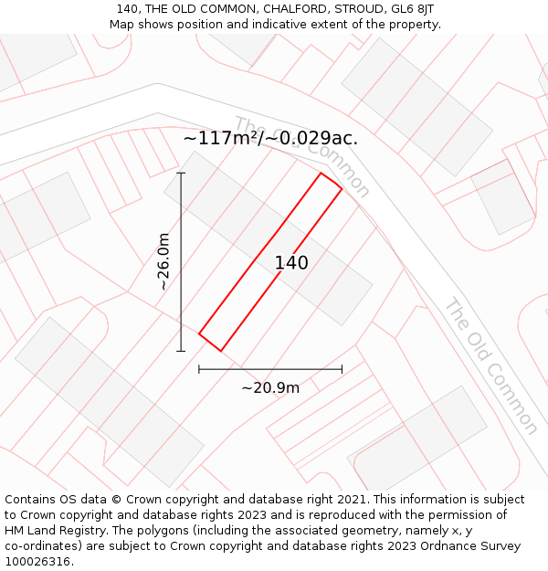 140, THE OLD COMMON, CHALFORD, STROUD, GL6 8JT: Plot and title map
