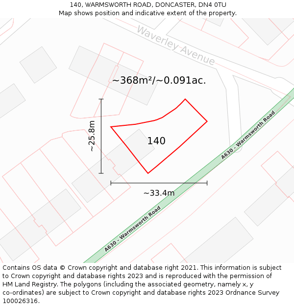 140, WARMSWORTH ROAD, DONCASTER, DN4 0TU: Plot and title map