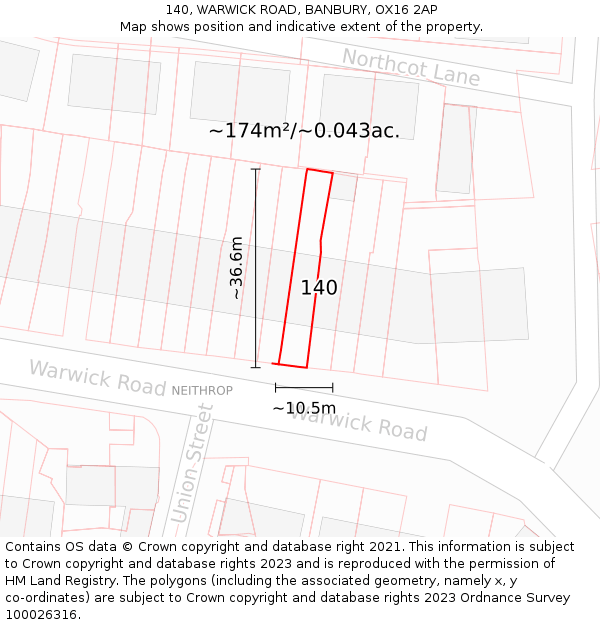 140, WARWICK ROAD, BANBURY, OX16 2AP: Plot and title map