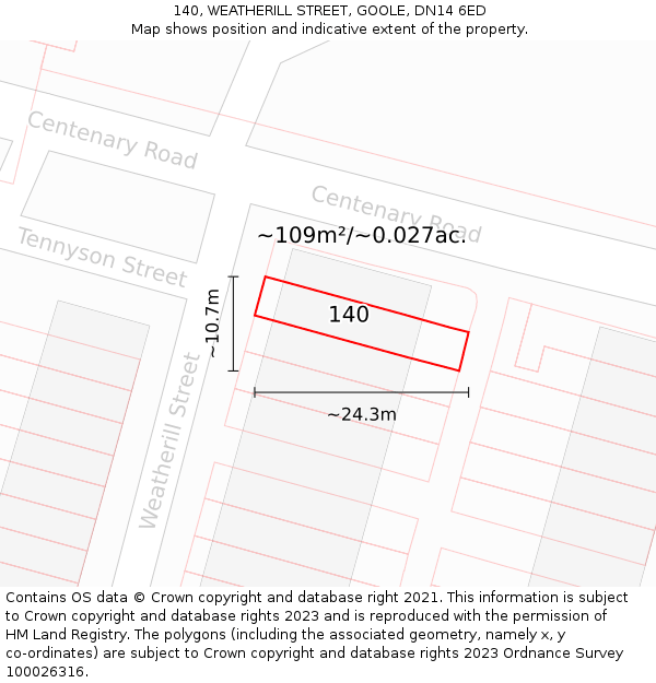 140, WEATHERILL STREET, GOOLE, DN14 6ED: Plot and title map